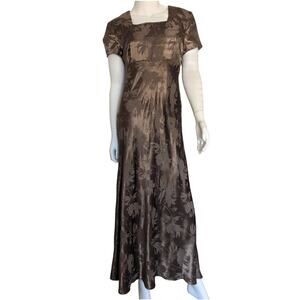Vtg 90s Brown Floral Satin Midi Dress 10 Square Neck Fairy Grunge Dark Romantic